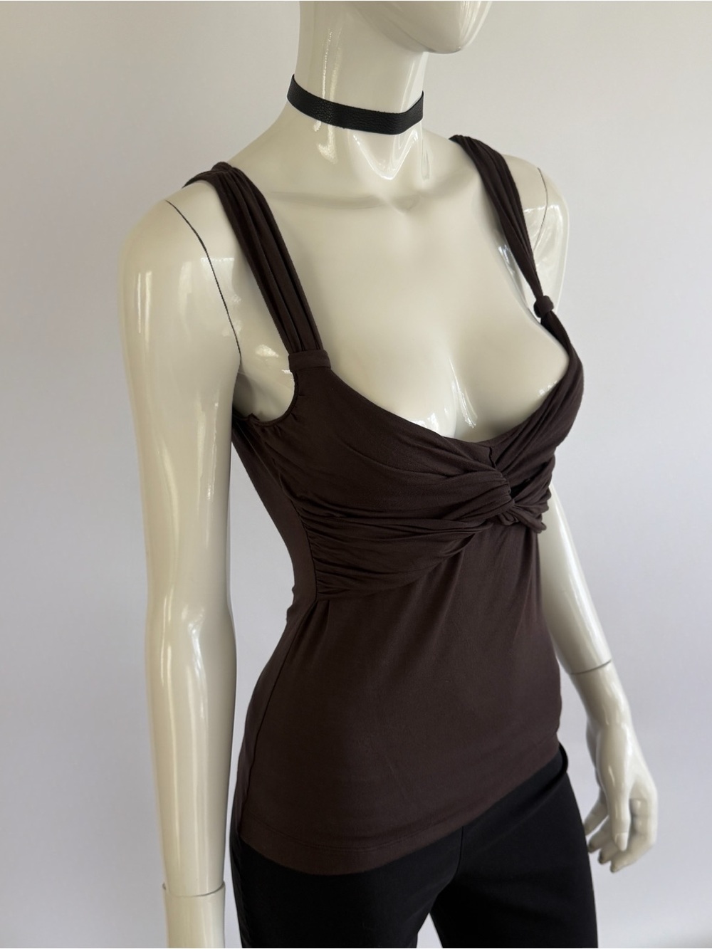Moschino 1990s Archival Brown Ruched Twist Bust Tank Top